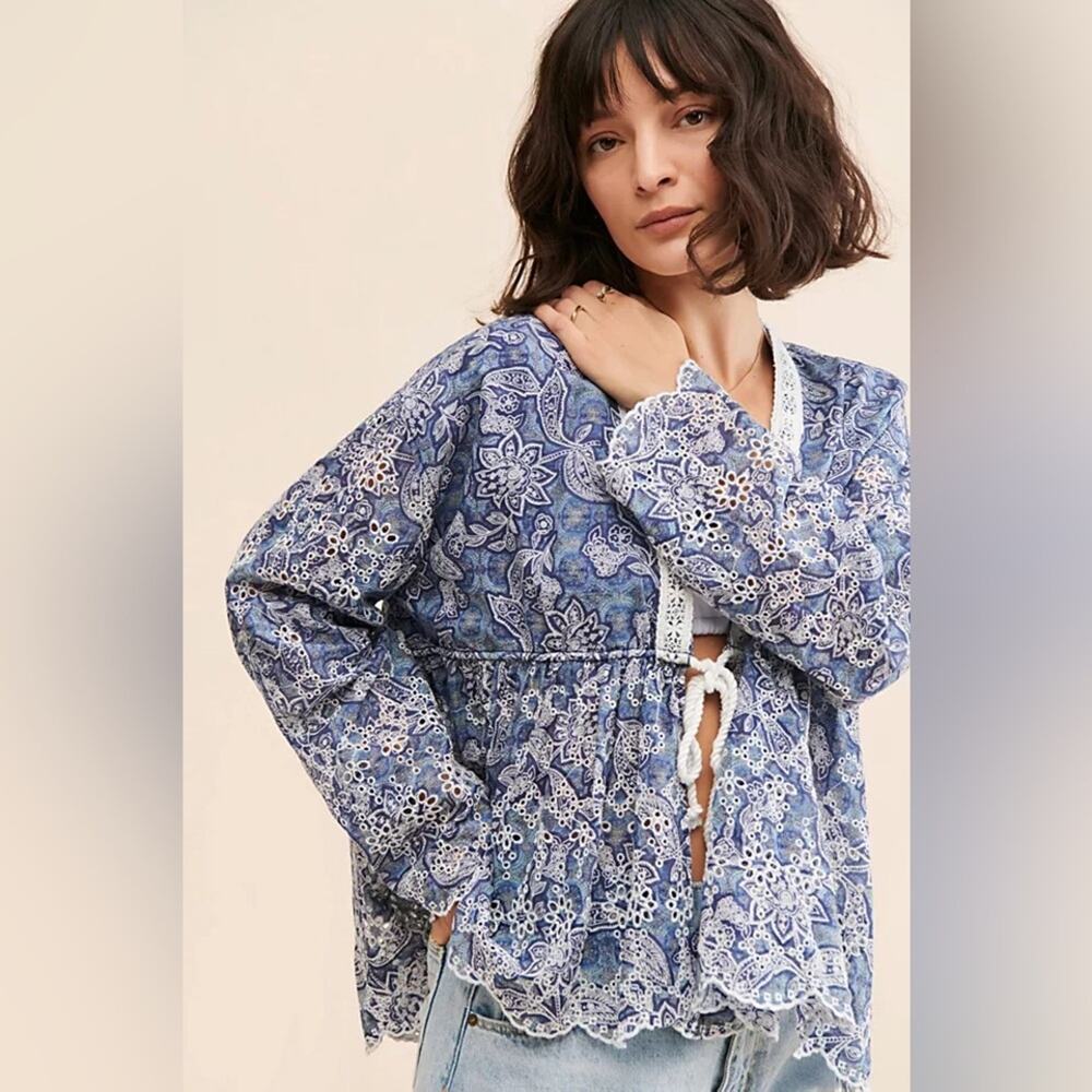 Free People Anissa Bed Jacket Eyelet Lace Tie Front Blue Combo Size S Beach Boho - Picture 3 of 15